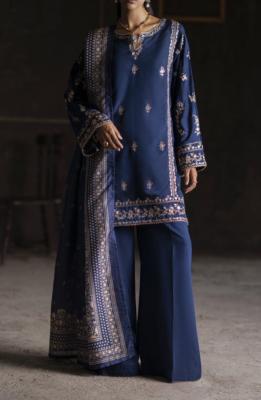 Casual Lite Aik Sitara Premium Embroidered Silk Viscose Stitched 3 Piece Suit - Midnight Elegance - CL25AIS - Blue - Festive Collection