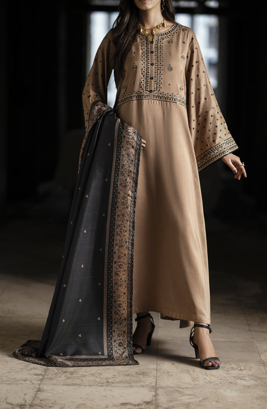 Casual Lite Aik Sitara Premium Embroidered Silk Viscose Stitched 3 Piece Suit - Desert Elegance - CL25AIS - Beige - Festive Collection