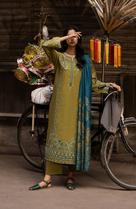 Casual Lite Bazaar Embroidered Stitched 3 Piece Suit - Olive Blossom - CL26BZH - Green - Casual Collection
