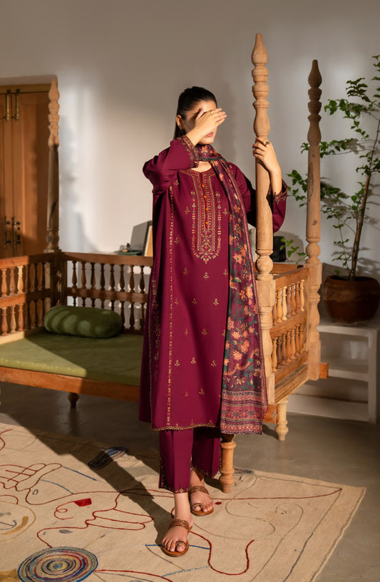 Saavan by Casual Lite Embroidered Premium Cotton Stitched 3 Piece Suit - Mulberry Garden - CL25SVN - Maroon - Festive Collection