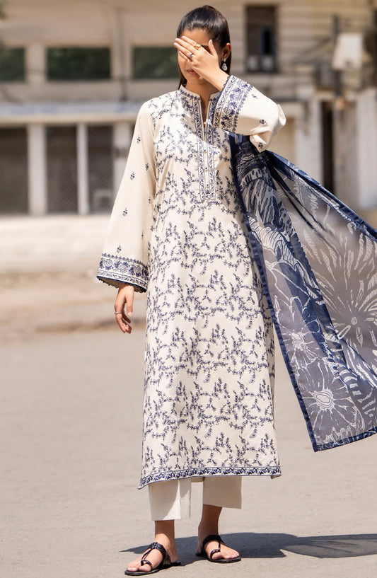 Casual Lite Embroidered Lawn Stitched 3 Piece Suit - Soft Ivory - CL25MNCD1 - Off White - Summer Collection