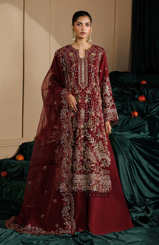 Celeste by Emaan Adeel Embroidered Organza Unstitched 3 Piece Suit - 02 Solstice - ED26CLS - Maroon - Festive Collection