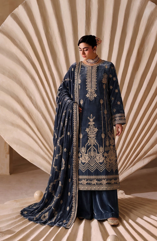 Chanchal by Amna Khadija Embroidered Velvet Unstitched 3 Piece Suit - D-02 - AM26CNL - Blue - Winter Collection