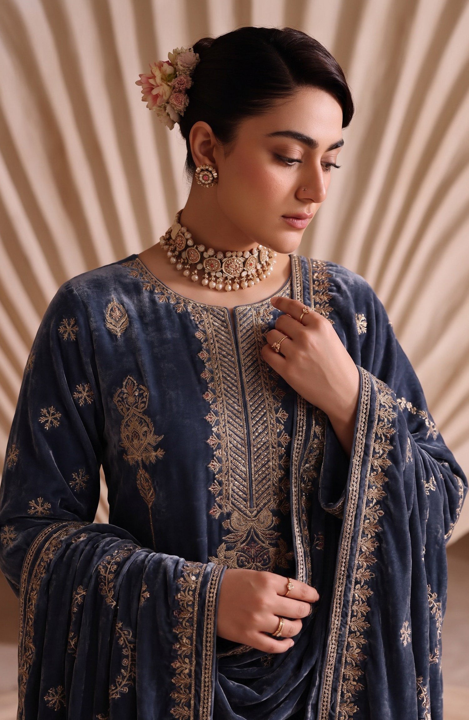 Chanchal by Amna Khadija Embroidered Velvet Unstitched 3 Piece Suit - D-02 - AM26CNL - Blue - Winter Collection