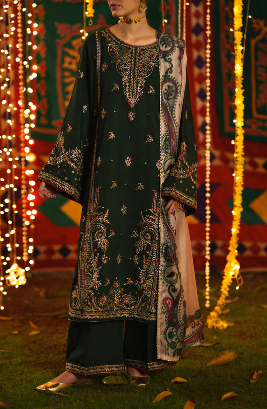 Chand Baali by Casual Lite Embroidered Silk Viscose Stitched 3 Piece Suit - 07 Dilkash - CL26CND - Green - Festive Collection