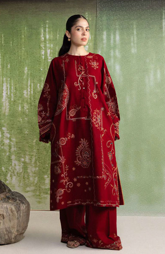 Coco by Zara Shahjahan Embroidered Khaddar Unstitched 3 Piece Suit - D-10A - ZS26CW - Red - Winter Collection