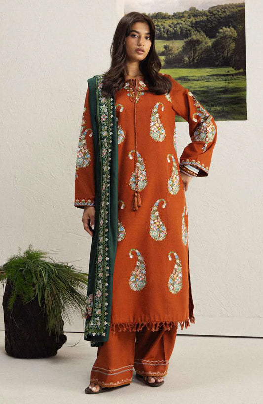 Coco by Zara Shahjahan Embroidered Khaddar Unstitched 3 Piece Suit - D-6B - ZS26CW - Orange - Winter Collection
