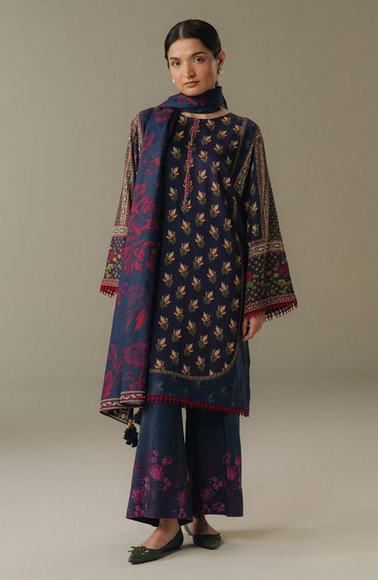 Coco by Zara Shahjahan Digital Printed Linen Unstitched 3 Piece Suit - Soft Current-7B - ZS25PND - Blue - Winter Collection