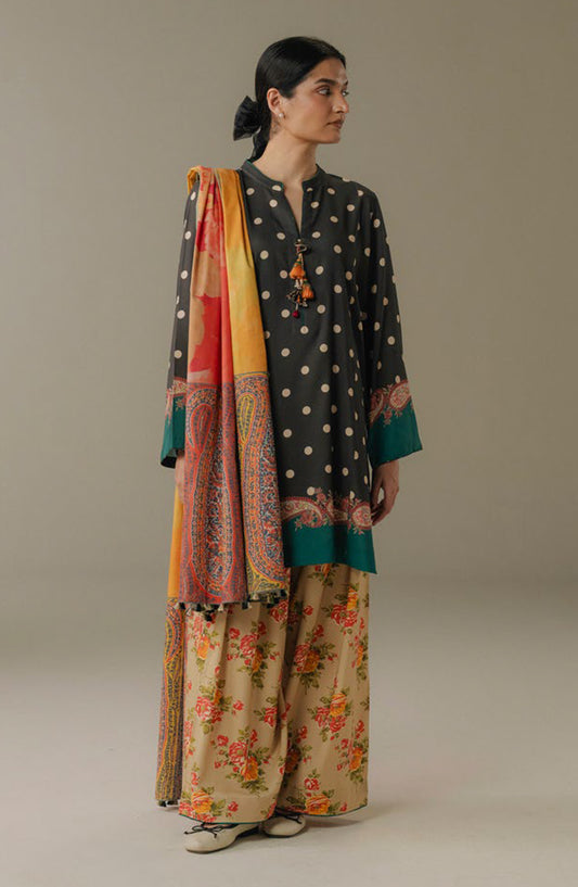 Coco by Zara Shahjahan Digital Printed Linen Unstitched 3 Piece Suit - Paper Moon-3A - ZS25PND - Grey - Winter Collection