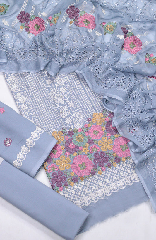 Cross Stitch by Amna Khadija Embroidered Swiss Voile Unstitched 3 Piece Suit - Design-01 - AM25CWV - Blue - Luxury Collection