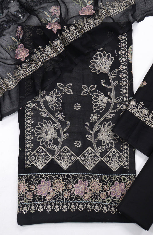 Cross Stitch by Amna Khadija Embroidered Swiss Voile Unstitched 3 Piece Suit - Design-07 - AM25CWV - Black - Luxury Collection