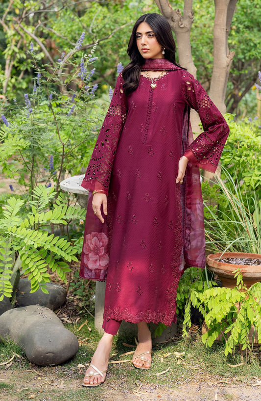 NURA by Zarif Embroidered Lawn Unstitched 3 Piece Suit - ZRF25NSE - D-01 MORICH - Maroon - Summer Collection