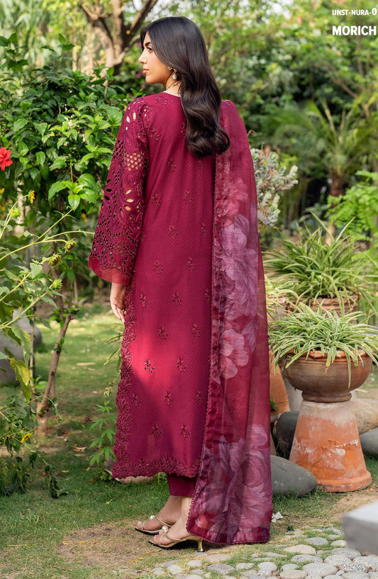 NURA by Zarif Embroidered Lawn Unstitched 3 Piece Suit - ZRF25NSE - D-01 MORICH - Maroon - Summer Collection