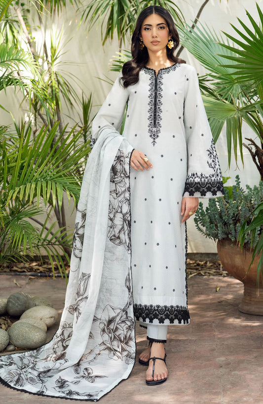 NURA by Zarif Embroidered Lawn Unstitched 3 Piece Suit - ZRF25NSE - D-05 REEHA - White - Summer Collection