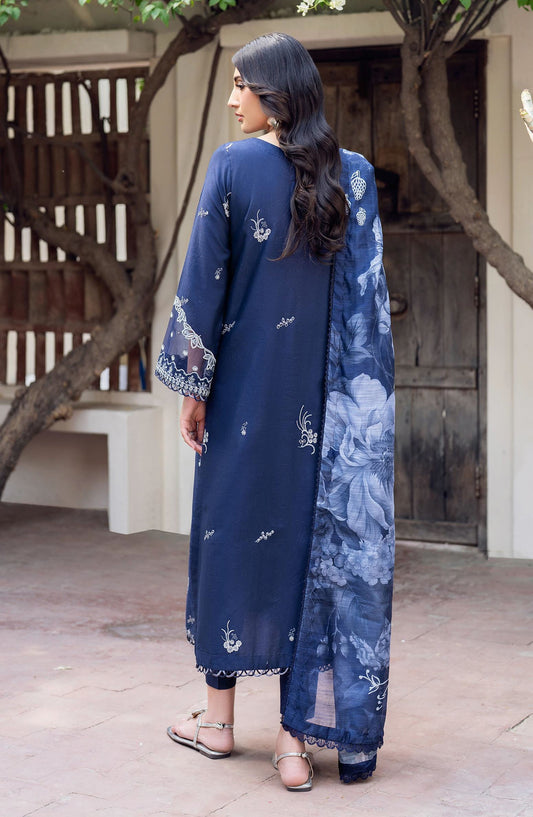 NURA by Zarif Embroidered Lawn Unstitched 3 Piece Suit - ZRF25NSE - D-07 SEERUM - Blue - Summer Collection