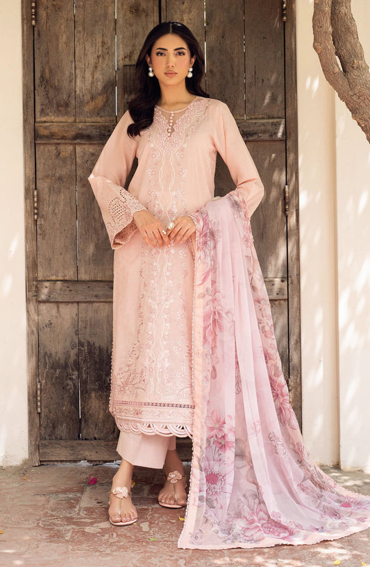 NURA by Zarif Embroidered Lawn Unstitched 3 Piece Suit - ZRF25NSE - D-09 VIYANA - Peach - Summer Collection