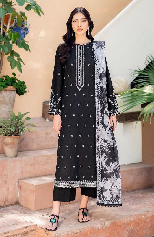 NURA by Zarif Embroidered Lawn Unstitched 3 Piece Suit - ZRF25NSE - D-10 MILHA - Black - Summer Collection