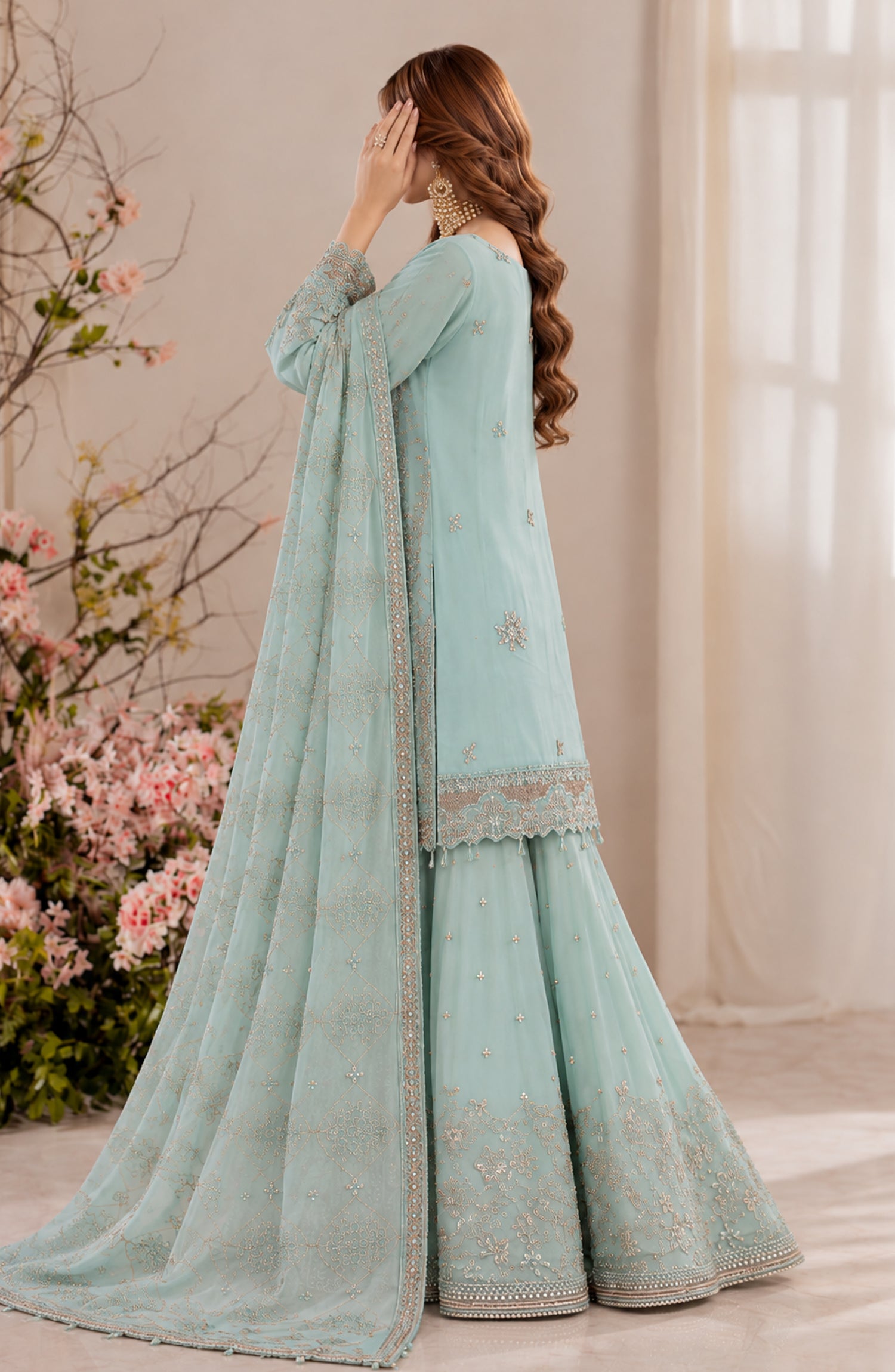 Darbaar-e-Ishq by Amna Khadija Embroidered Chiffon Stitched 3 Piece Suit - AKDI-03 - AM26DBR - Ice Blue - Festive Collection