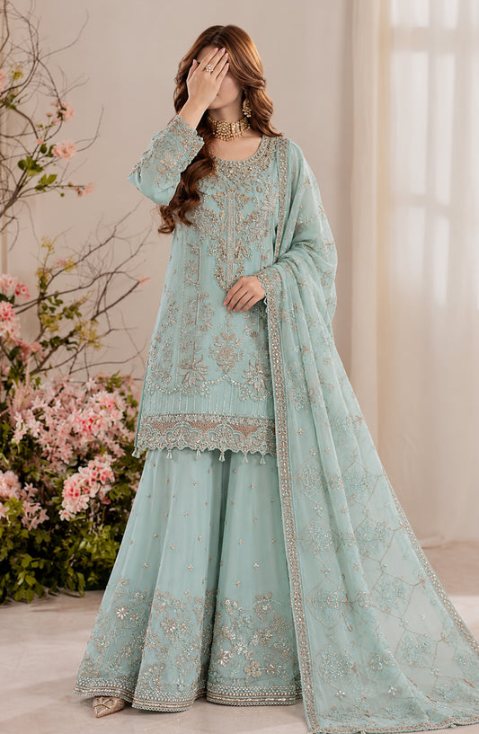 Darbaar-e-Ishq by Amna Khadija Embroidered Chiffon Stitched 3 Piece Suit - AKDI-03 - AM26DBR - Ice Blue - Festive Collection