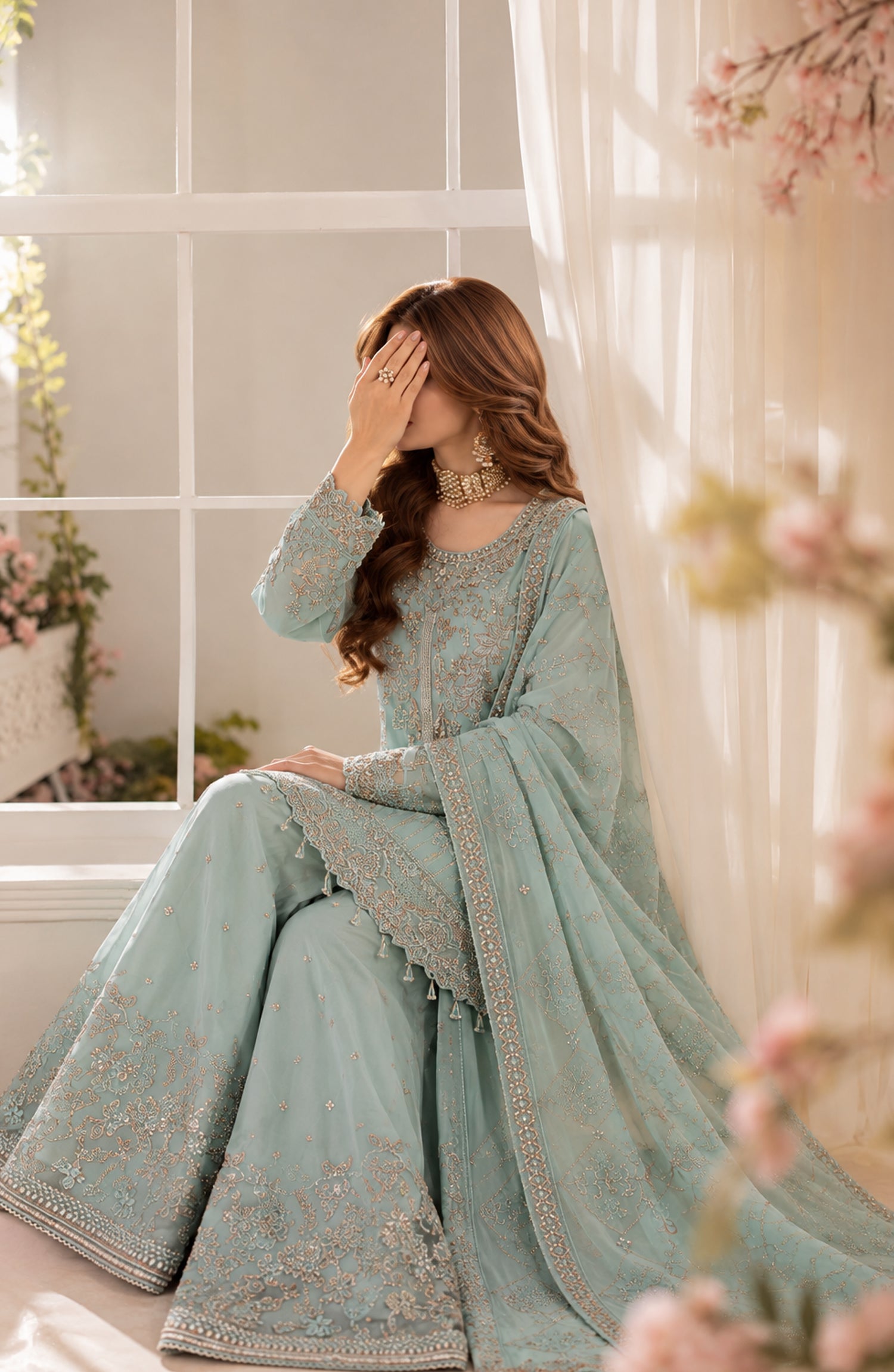 Darbaar-e-Ishq by Amna Khadija Embroidered Chiffon Stitched 3 Piece Suit - AKDI-03 - AM26DBR - Ice Blue - Festive Collection