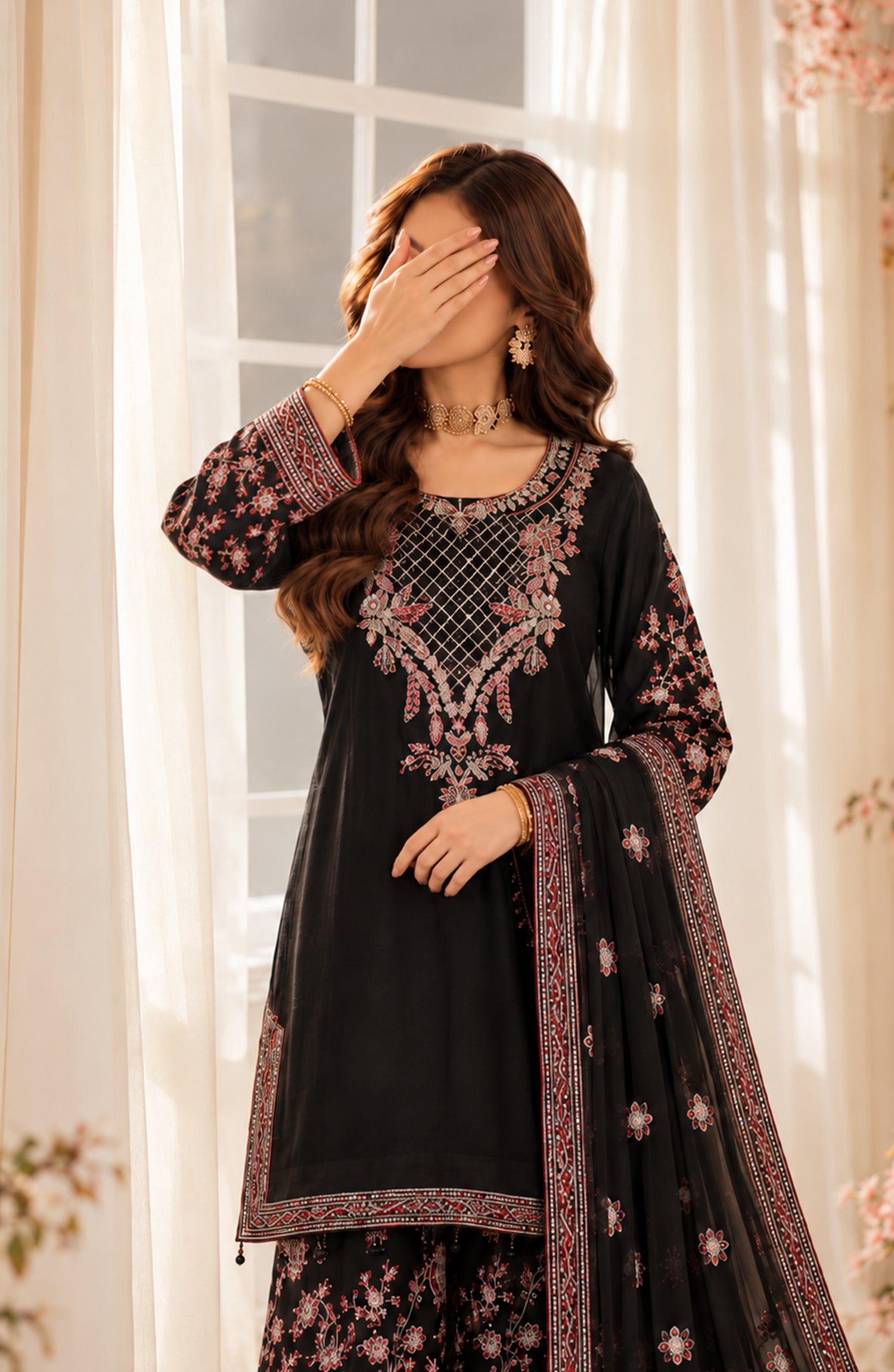 Darbaar-e-Ishq by Amna Khadija Embroidered Chiffon Stitched 3 Piece Suit - AKDI-04 - AM26DBR - Black - Festive Collection