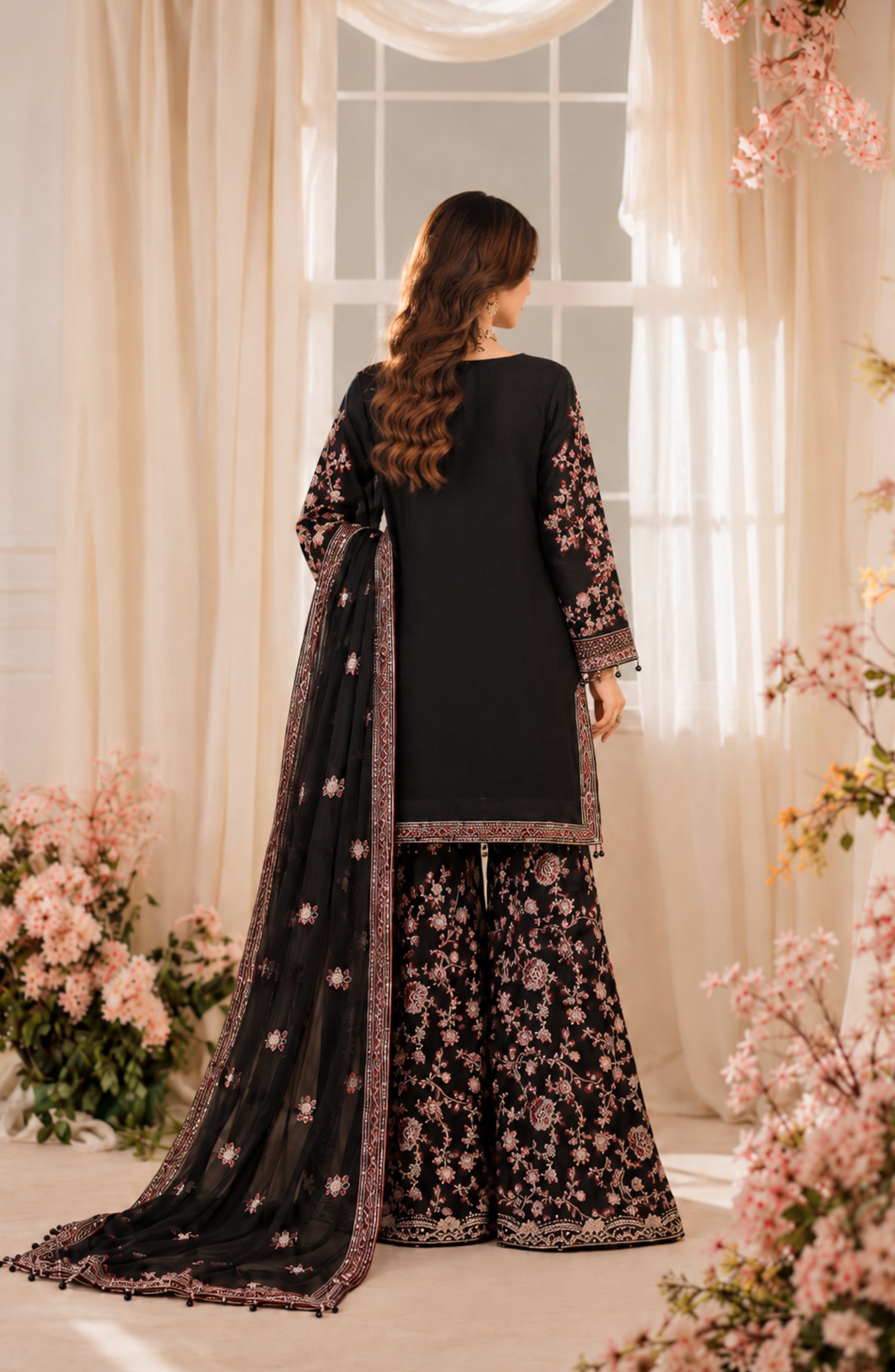 Darbaar-e-Ishq by Amna Khadija Embroidered Chiffon Stitched 3 Piece Suit - AKDI-04 - AM26DBR - Black - Festive Collection