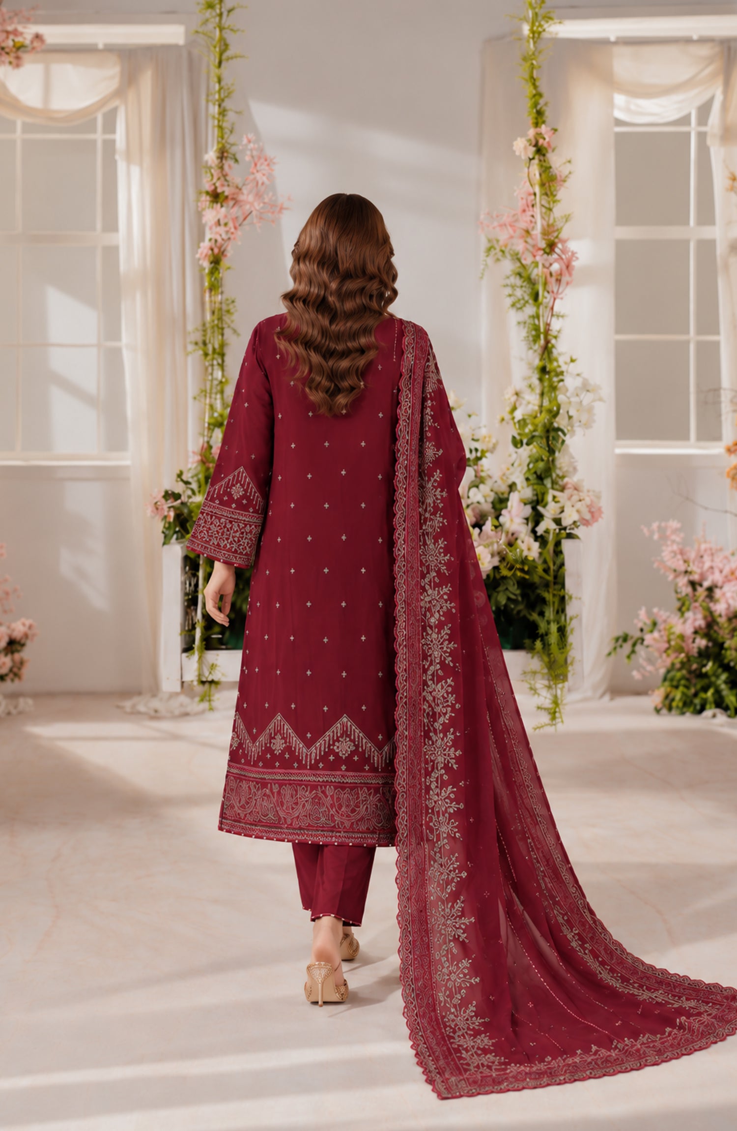Darbaar-e-Ishq by Amna Khadija Embroidered Chiffon Stitched 3 Piece Suit - AKDI-06 - AM26DBR - Maroon - Festive Collection