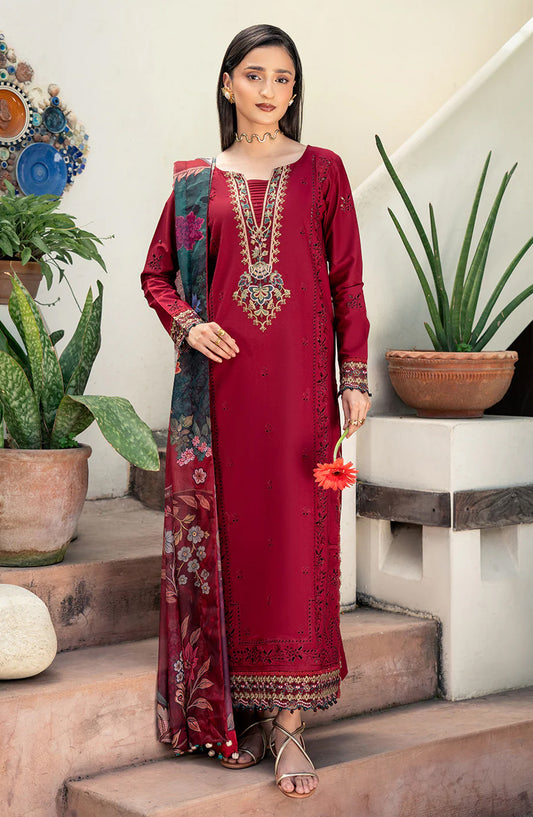 Dareen by Izel Embroidered Lawn Unstitched 3 Piece Suit - 04 Mahrosh - ZL26DR - Red - Summer Collection
