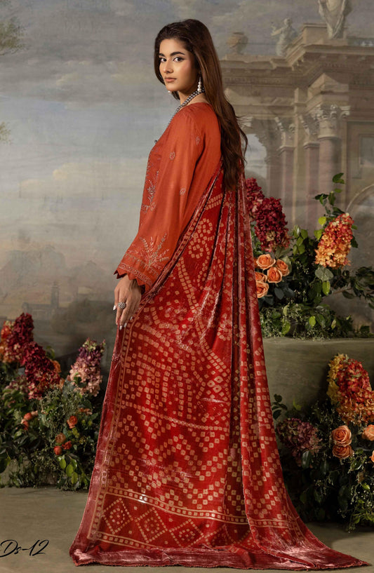 Dastaan by Riaz Arts Embroidered Leather Peach Unstitched 3 Piece Suit - D-12 - RA25DST - Orange - Winter Collection