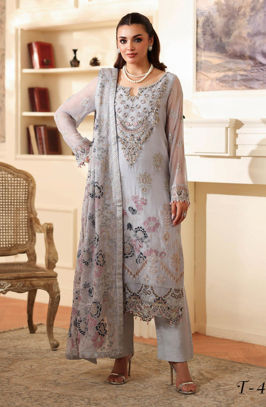 Dastan by Ramsha Embroidered Chiffon Unstitched 3 Piece Suit - T-405 - RM25DST - Blue - Luxury Collection