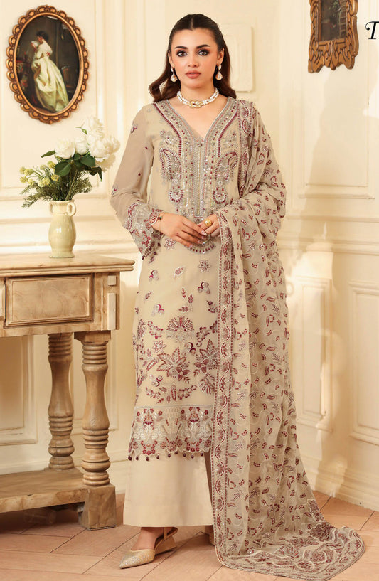 Dastan by Ramsha Embroidered Chiffon Unstitched 3 Piece Suit - T-401 - RM25DST - Fawn - Luxury Collection