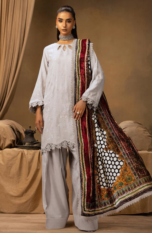 Dastan by Riaz Arts Embroidered Leather Peach Unstitched 3 Piece Suit - DS-37 - RA25DTN - Grey - Winter Collection