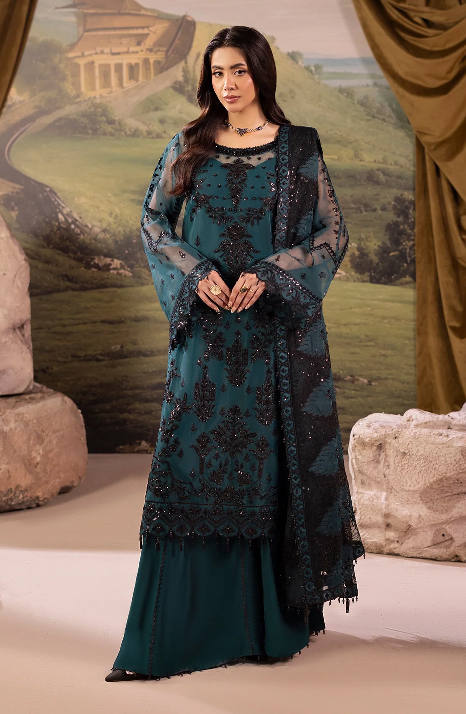 Dehleez by Al Karim Embroidered Organza Unstitched 3 Piece Suit - DL-51 - AK26DLZ - Teal - Formal Collection