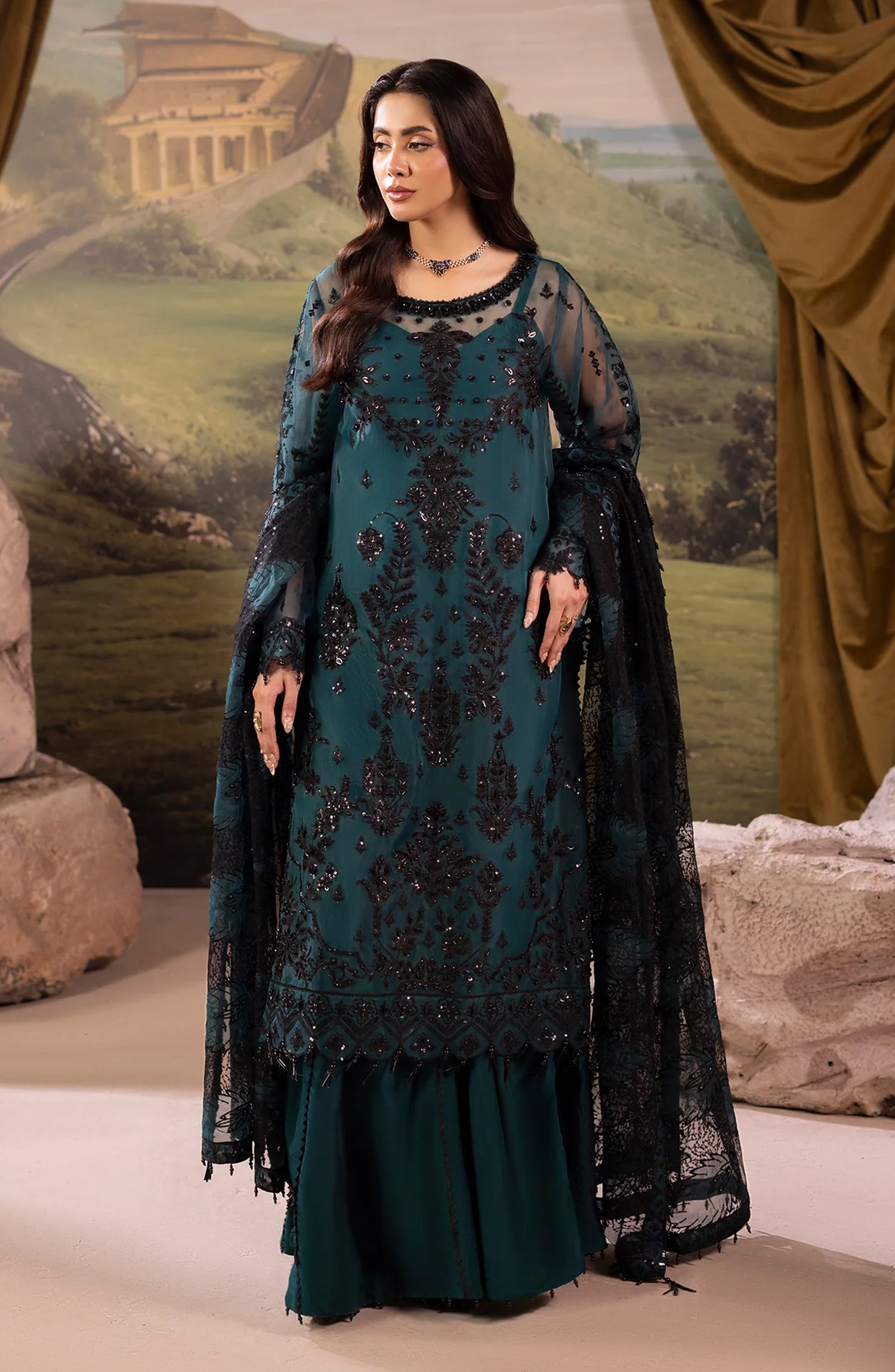 Dehleez by Al Karim Embroidered Organza Unstitched 3 Piece Suit - DL-51 - AK26DLZ - Teal - Formal Collection