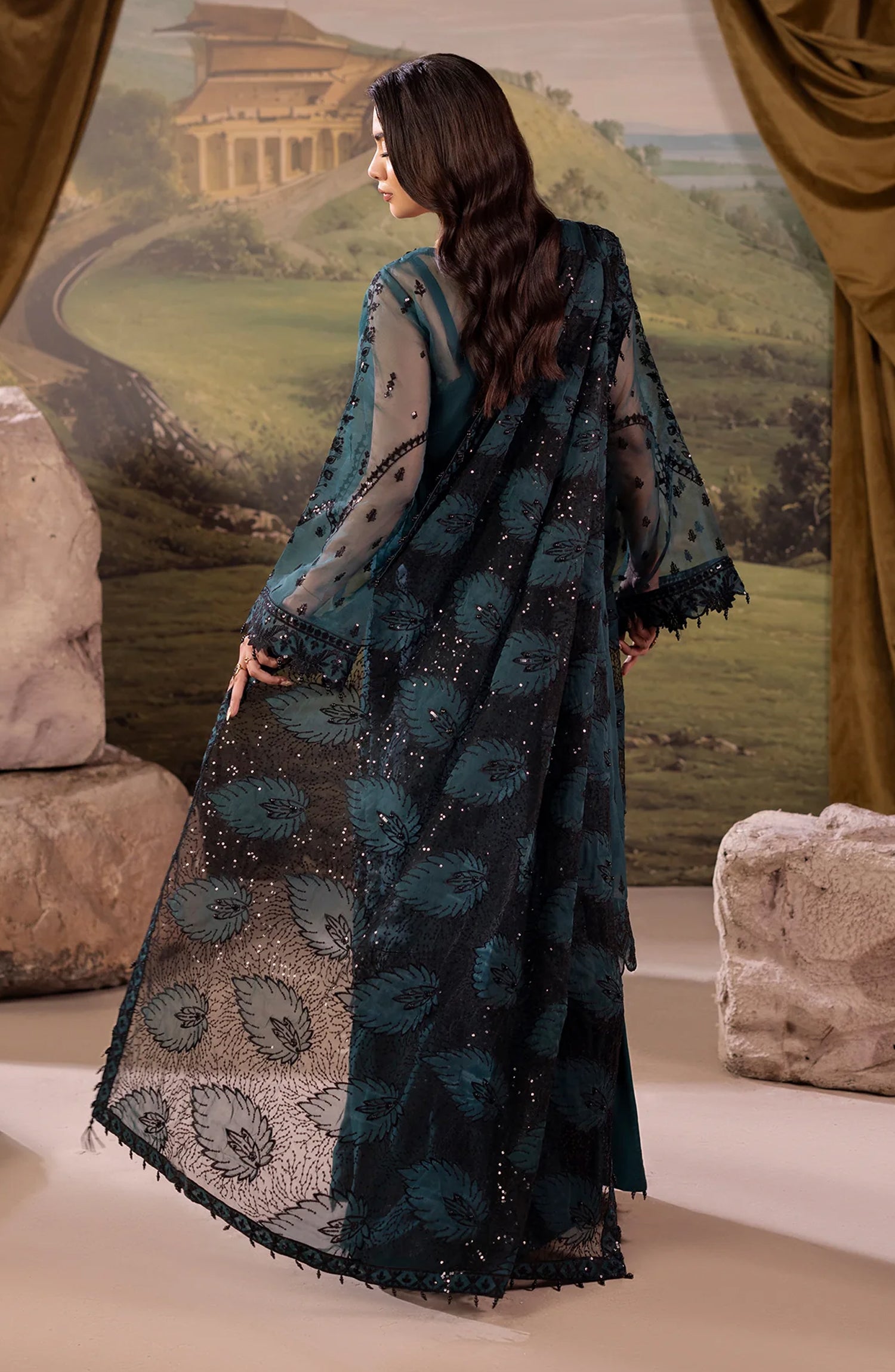 Dehleez by Al Karim Embroidered Organza Unstitched 3 Piece Suit - DL-51 - AK26DLZ - Teal - Formal Collection