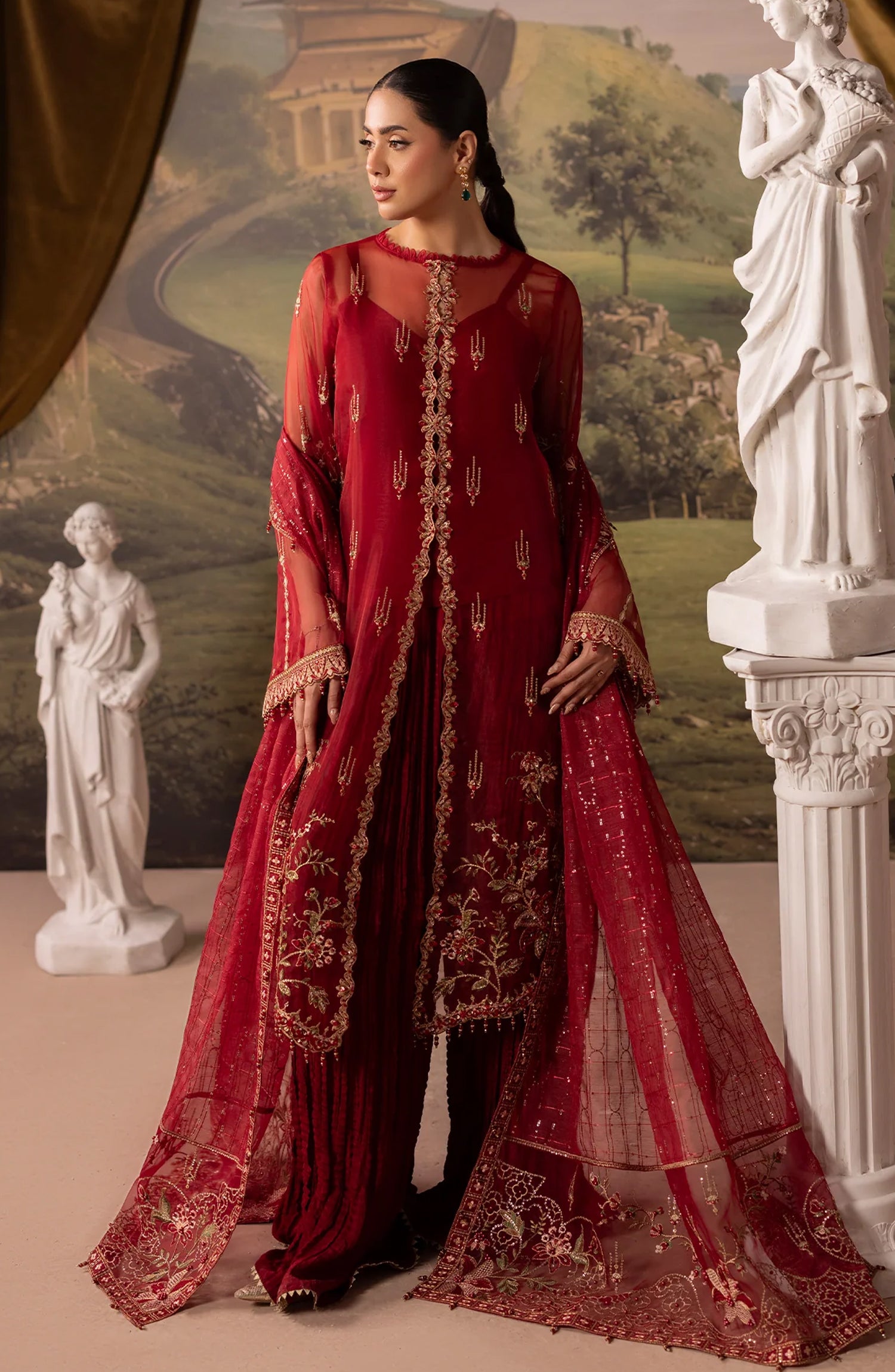 Dehleez by Al Karim Embroidered Organza Unstitched 3 Piece Suit - DL-53 - AK26DLZ - Red - Formal Collection