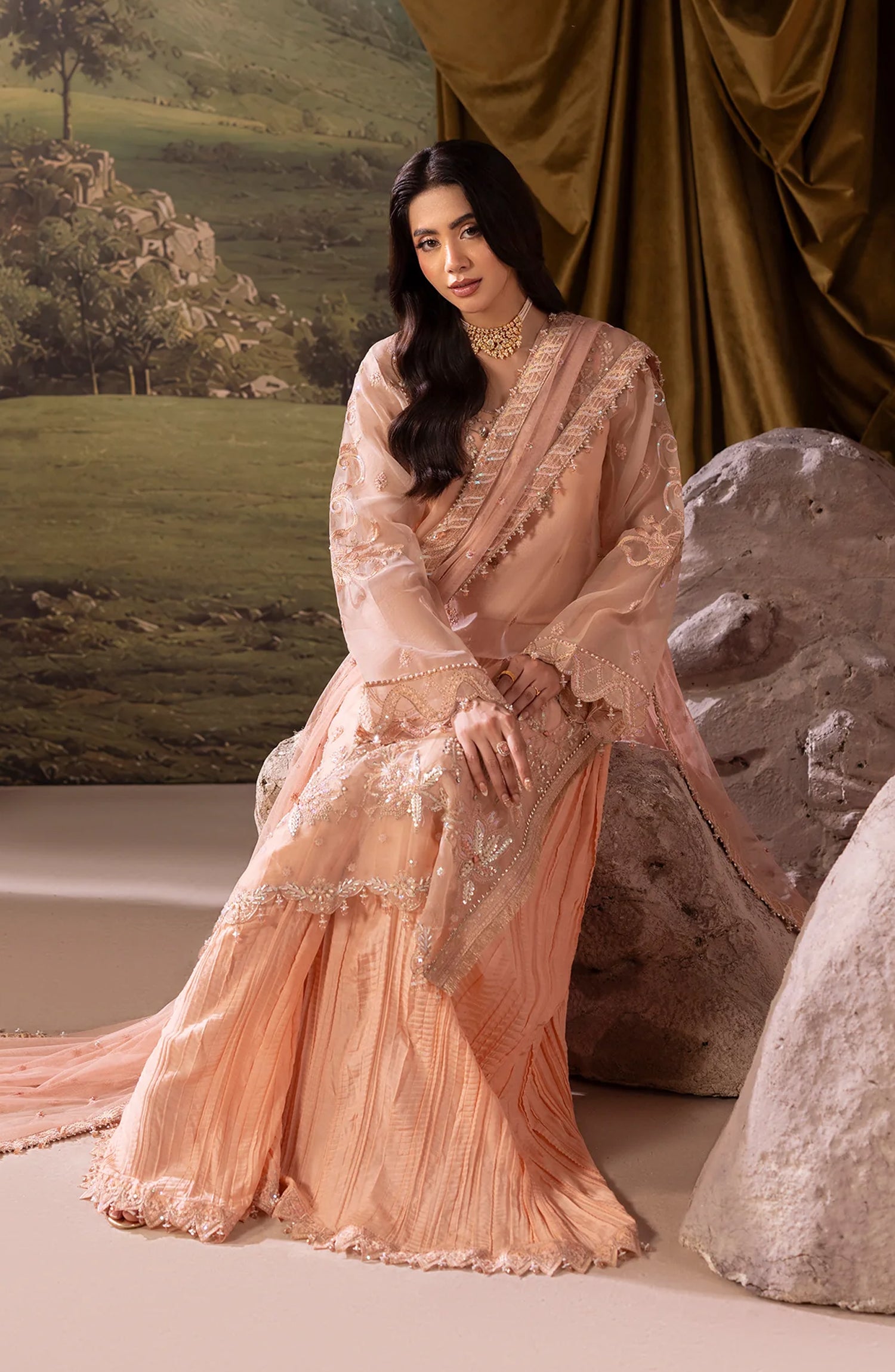 Dehleez by Al Karim Embroidered Organza Unstitched 3 Piece Suit - DL-54 - AK26DLZ - Peach - Formal Collection