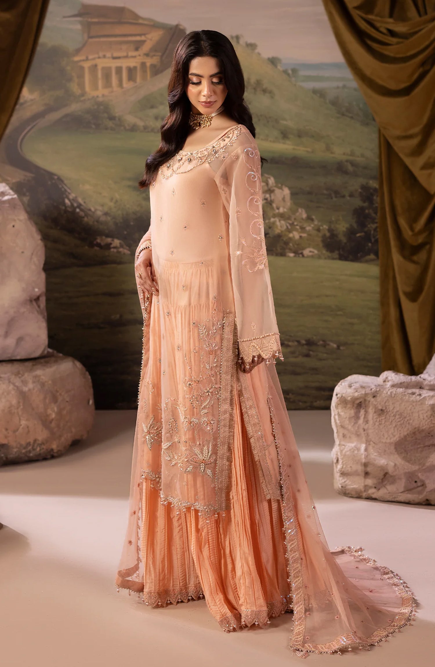 Dehleez by Al Karim Embroidered Organza Unstitched 3 Piece Suit - DL-54 - AK26DLZ - Peach - Formal Collection