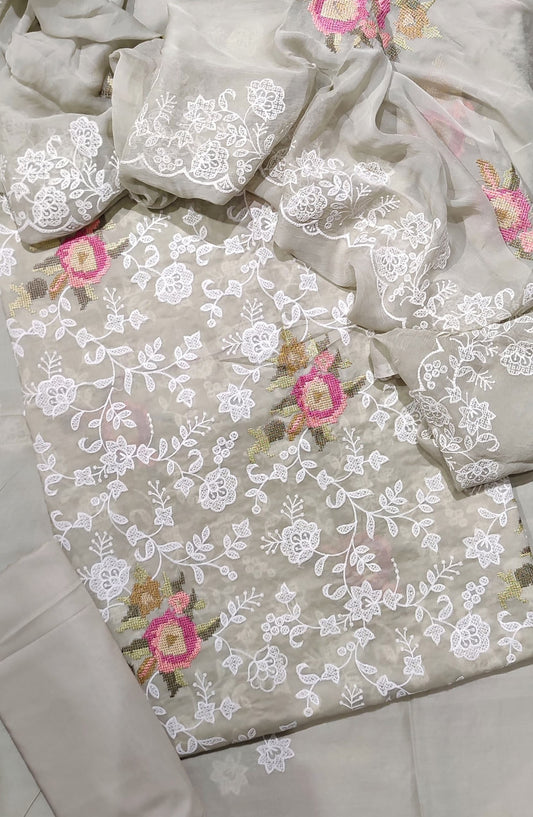 Amna Khadija Exclusive Cross Stitch Embroidered Lawn Unstitched 3 Piece Suit - Design-02 - AM25CRST - Grey - Summer Collection