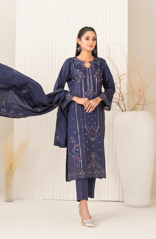 Dhoop Kinaray by Tawakkal Fabrics Embroidered Viscose Slub Unstitched 3 Piece Suit - D-5068 - TF25DHP - Blue - Winter Collection