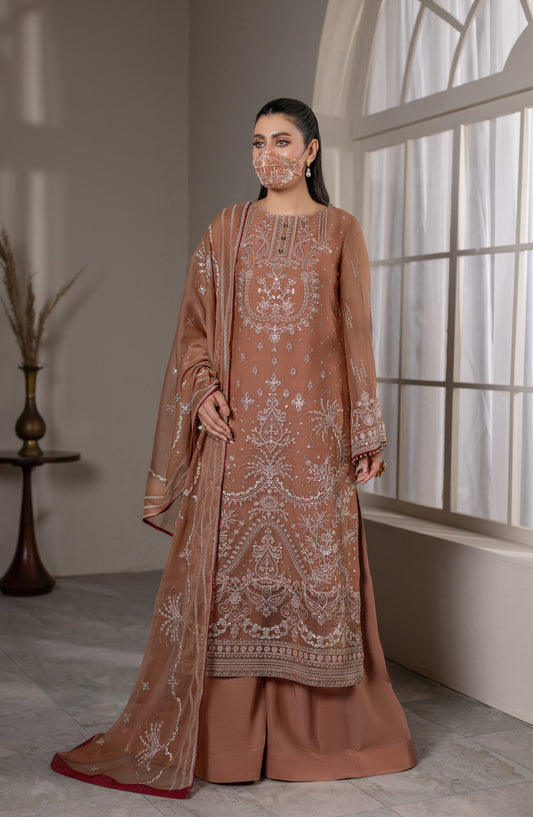 Dilkash Kuch Khas by Flossie Embroidered Chiffon Unstitched 3 Piece Suit - D5 (B) - FLS26DLK - Rust - Luxury Collection