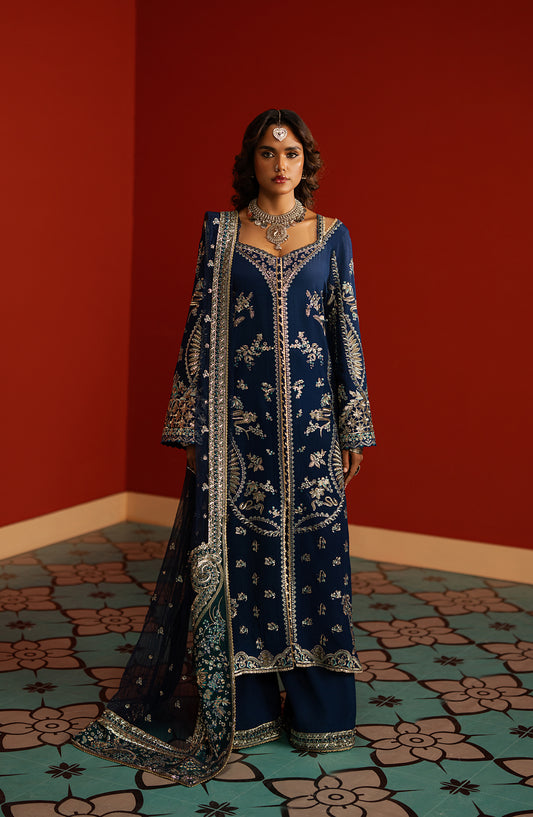 Divani by Afrozeh The Silk Edit Embroidered Raw Silk Unstitched 3 Piece Suit - AS-25-06 MAHVEEN - AF25DV - Blue - Luxury Festive Collection