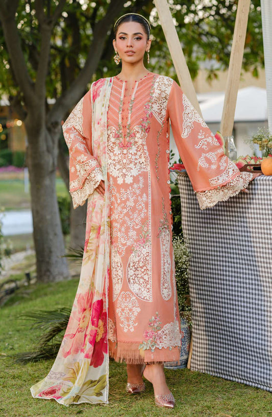 Elaf Embroidered Luxury Lawn Unstitched 3 Piece Suit - EL25ULL2 - ELH-5A Autumn Dream - Peach - Summer Collection