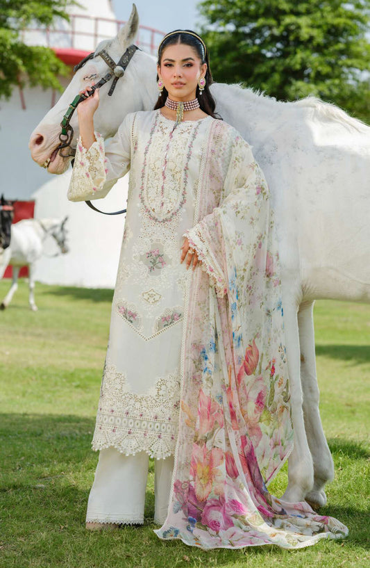 Elaf Embroidered Luxury Lawn Unstitched 3 Piece Suit - EL25ULL2 - ELH-7A White Empress - White - Summer Collection