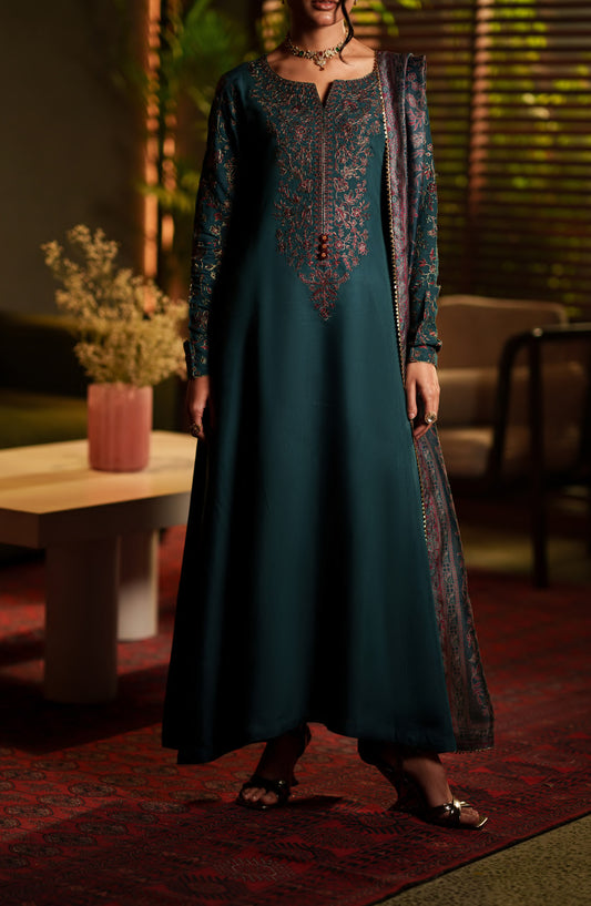 Eala by Casual Lite Embroidered Silk Viscose Stitched 3 Piece Suit - Azure Noir - CL26EAA - Teal - Festive Collection
