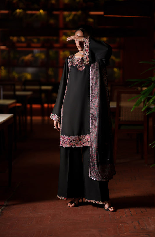 Eala by Casual Lite Embroidered Silk Viscose Stitched 3 Piece Suit - Obsidian Grace - CL26EAA - Black - Festive Collection