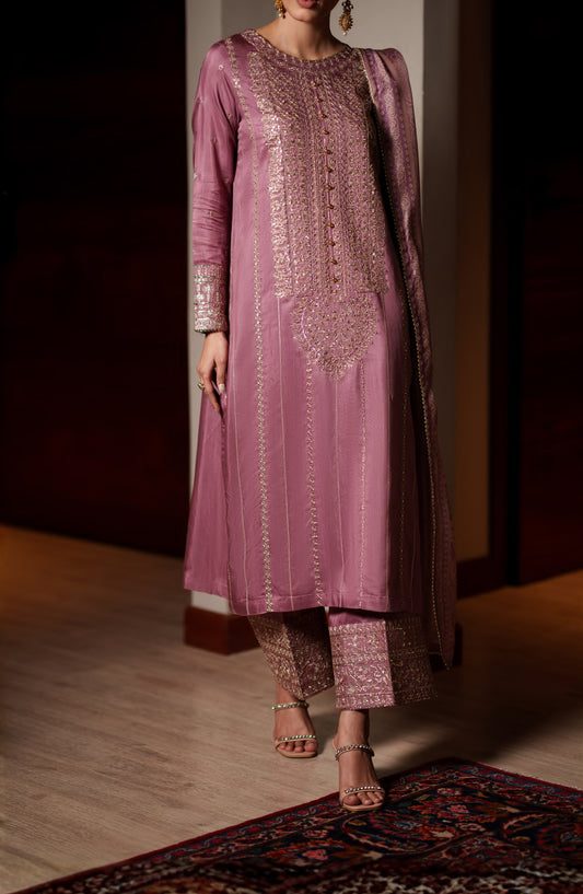 Eala by Casual Lite Embroidered Silk Viscose Stitched 3 Piece Suit - Roselyn - CL26EAA - Pink - Festive Collection