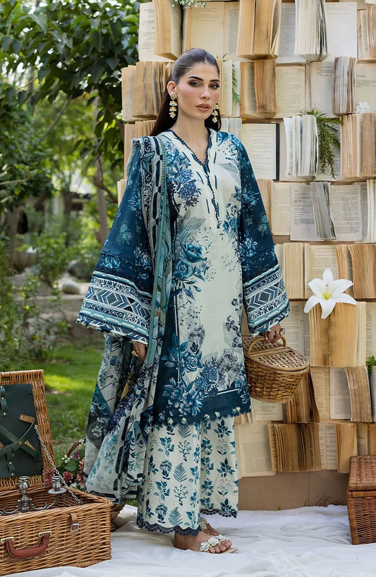Elaf Printed Lawn Unstitched 3 Piece Suit - ECD-7A FLOREYA - EL25PRN - Blue - Summer Collection