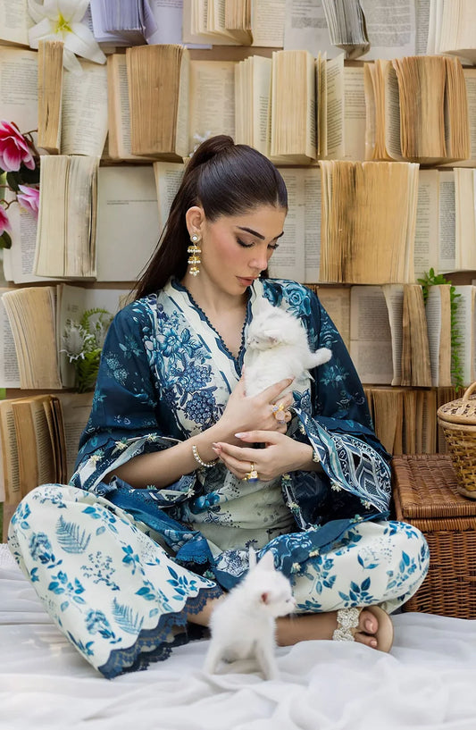 Elaf Printed Lawn Unstitched 3 Piece Suit - ECD-7A FLOREYA - EL25PRN - Blue - Summer Collection