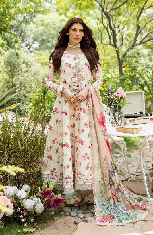 Elaf Printed Lawn Unstitched 3 Piece Suit - ECD-2A IVORY PEONY - EL25PRN - Fawn - Summer Collection